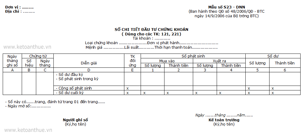 Mẫu số S23 - DNN : SỔ CHI TIẾT ĐẦU TƯ CHỨNG KHOÁN